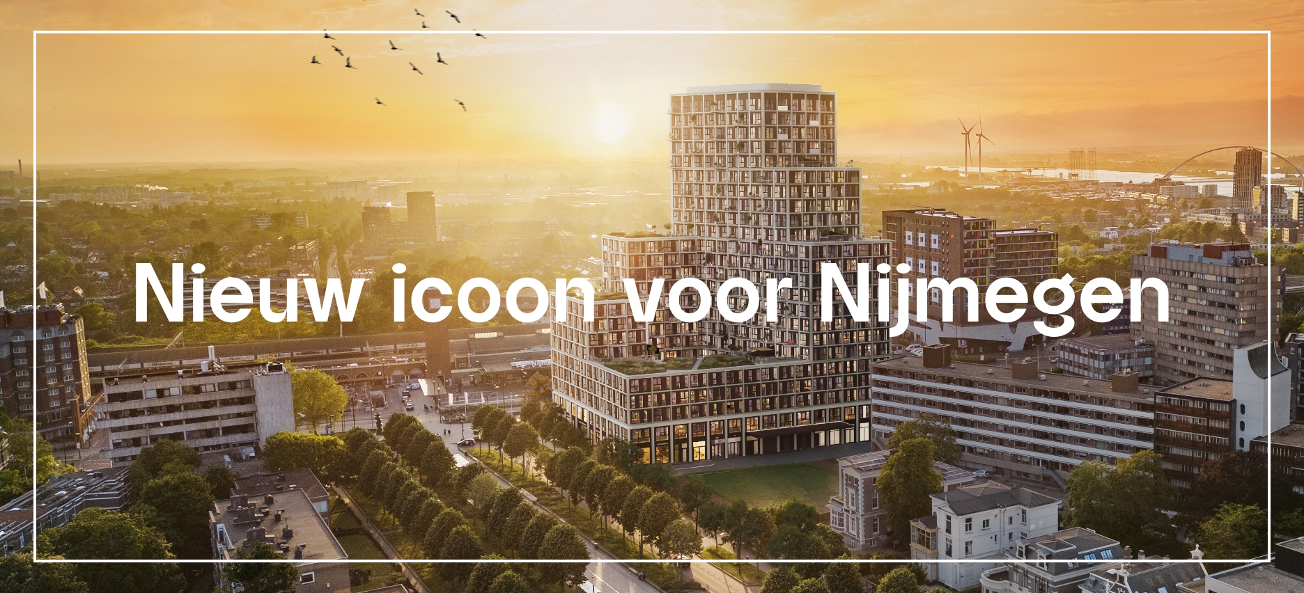 Artist impression van Het Nieuwe Metterswane bij zonsondergang.